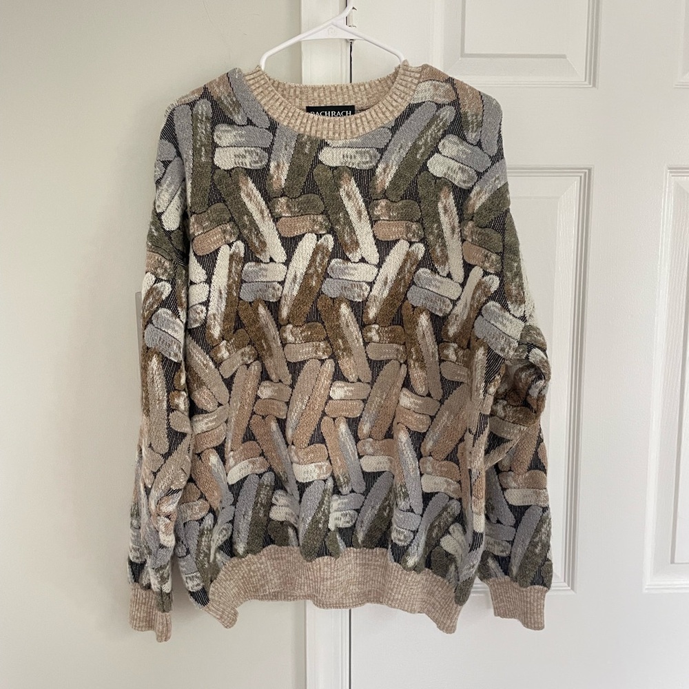 Bachrach Men’s 3D Knit Sweater Large Coogie Style Wool Blend Earth Tones Cozy